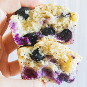 Inside view of lemon poppyseed blueberry muffin