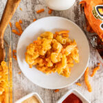 Cheeto Mac and cheese on a white plate