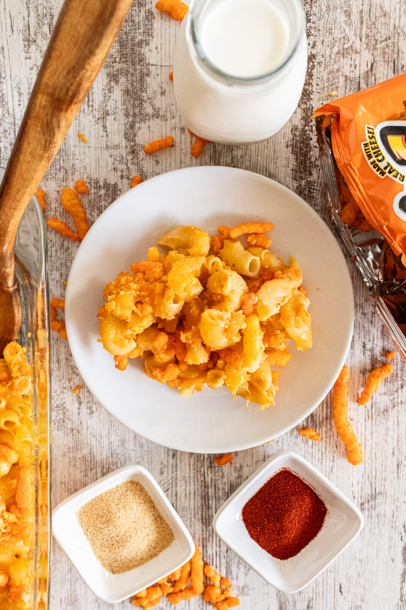 Cheeto Mac and cheese on a white plate