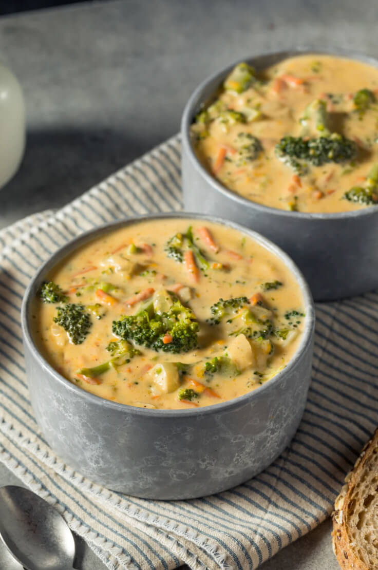 broccoli cheddar soup in grey bowl
