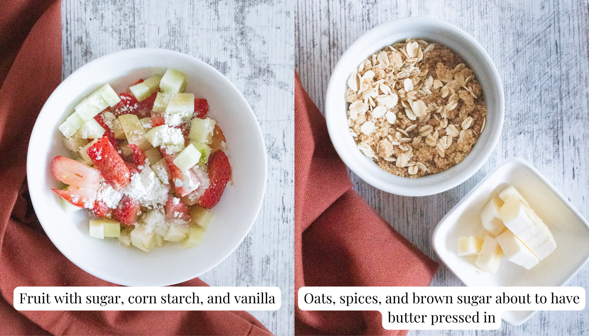 Prepped ingredients for Strawberry Apple Crisp for one 