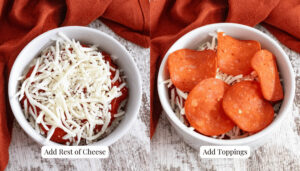 pizza rice bowl topped with pepperoni