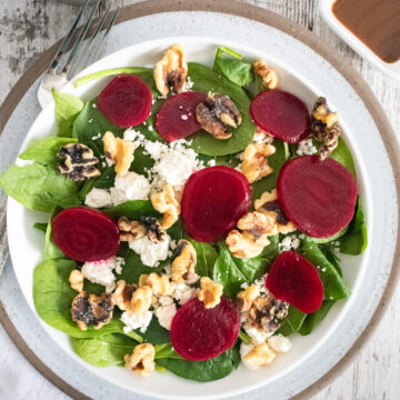 beetroot, feta, and walnut salad on spinach