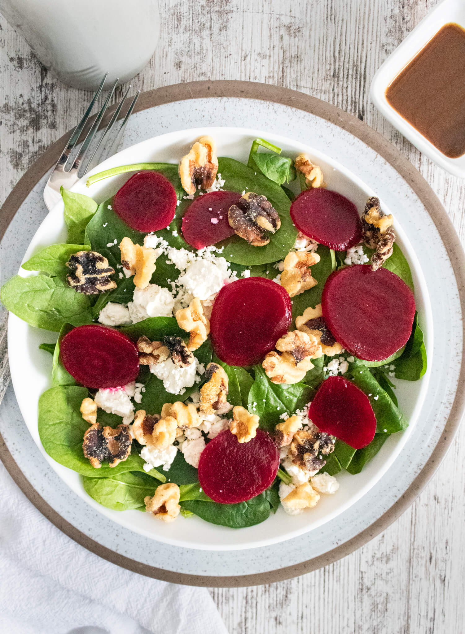 beetroot, feta, and walnut salad on spinach