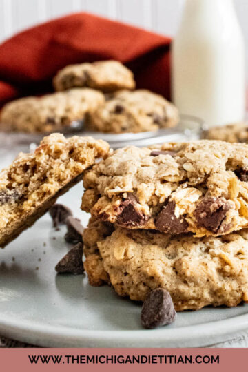 oatmeal chocolate chip cookies without brown sugar stacked on white plate