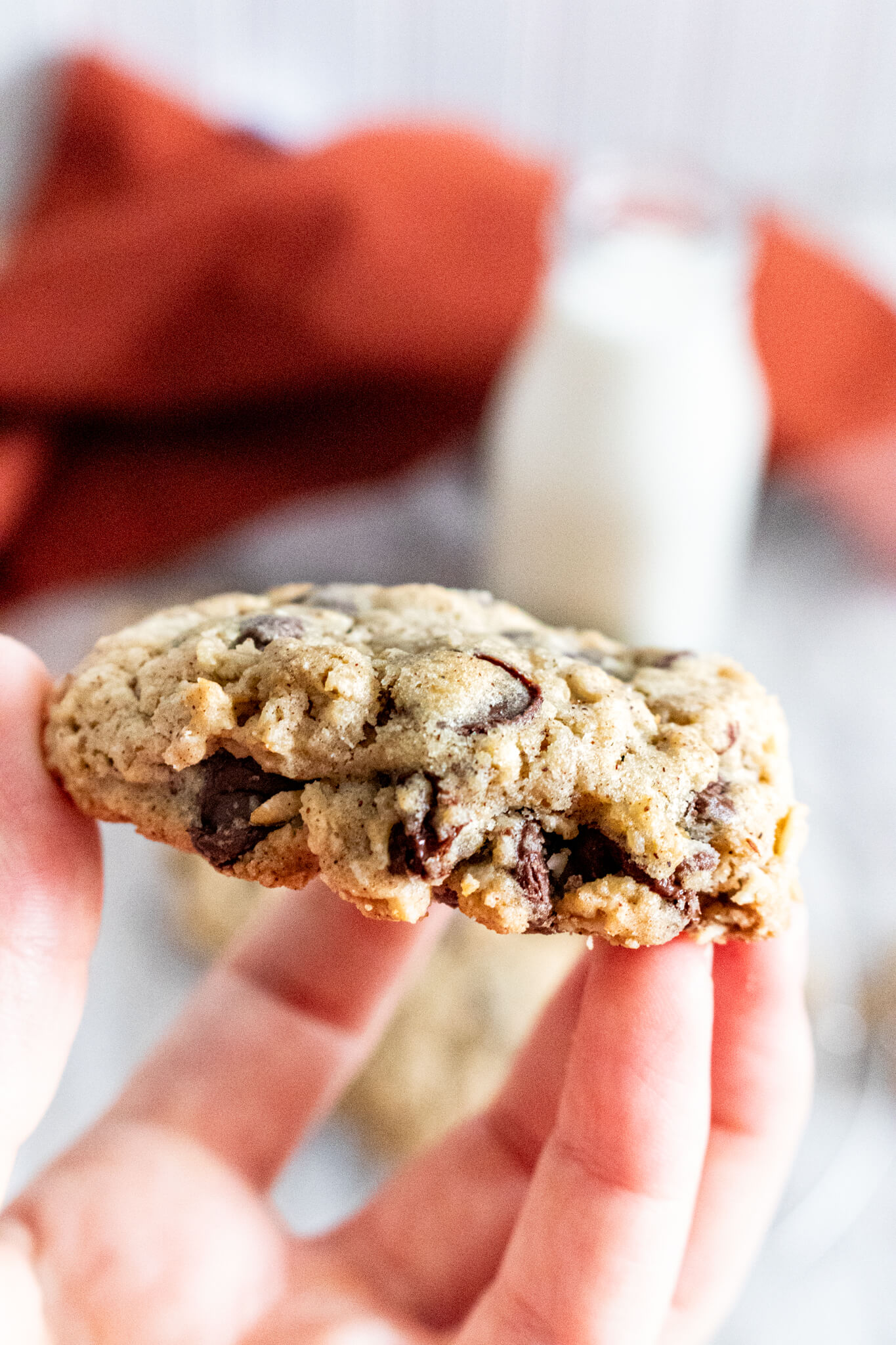 side view of oatmeal chocolate chip cookie without brown sugar