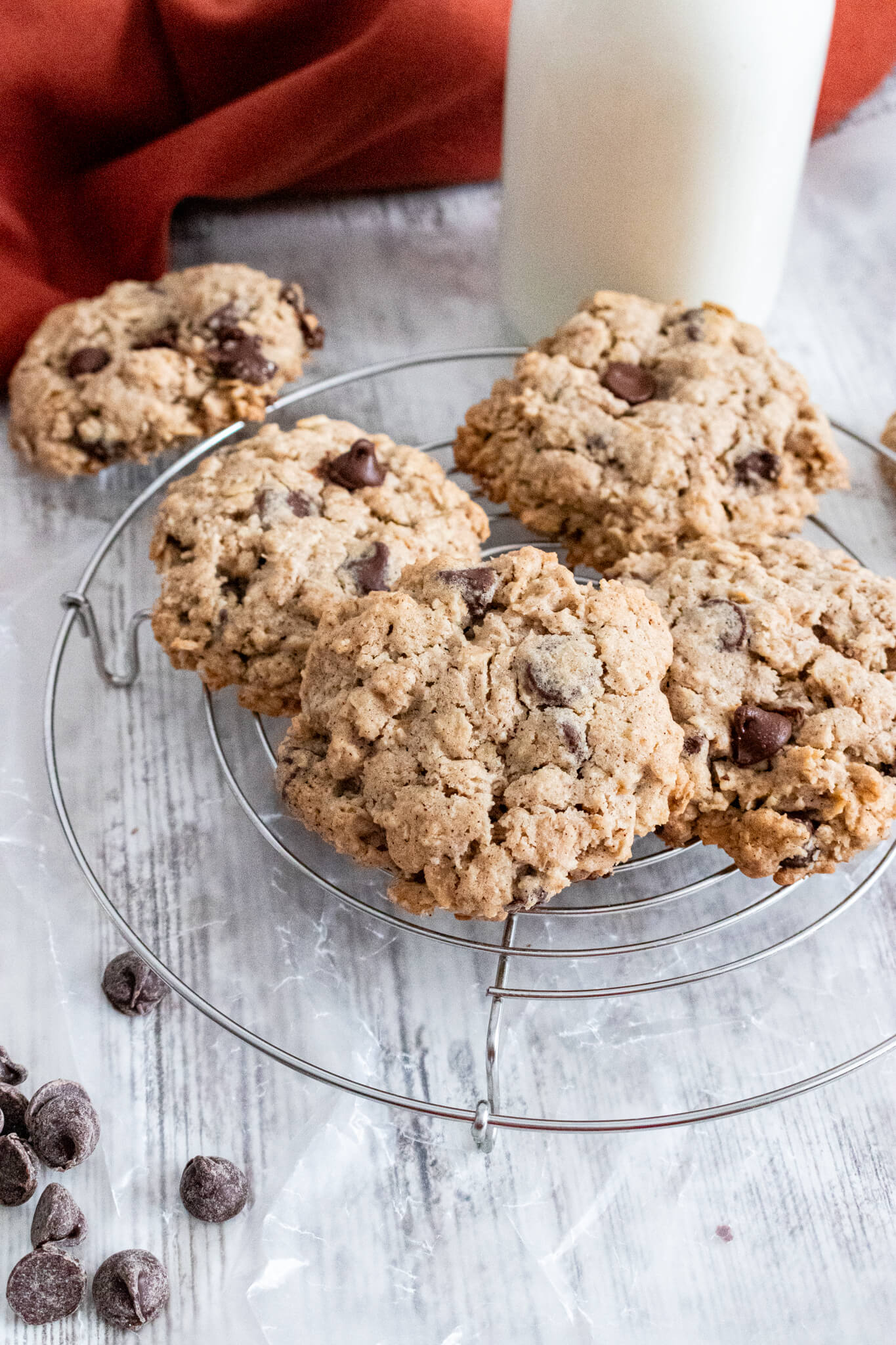 oatmeal chocolate chip cookies without brown sugar on a drying rack