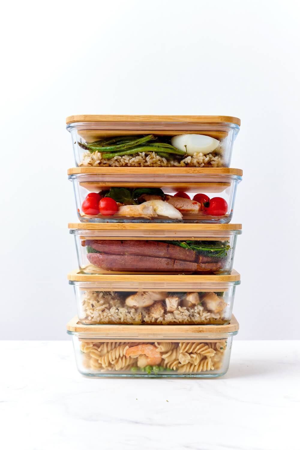 Stacked glass meal prep containers